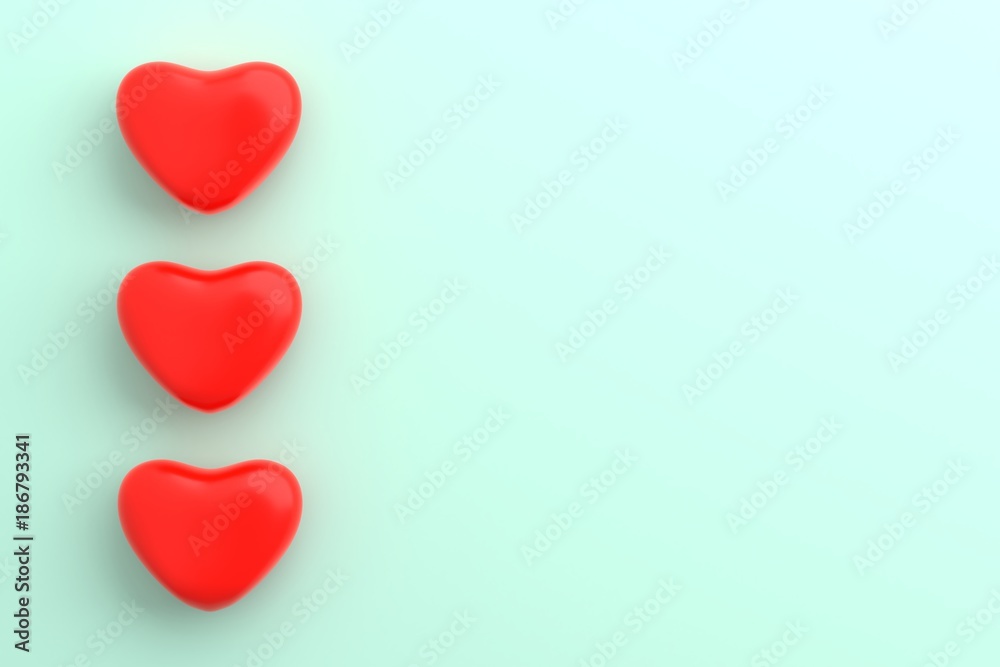 Three red heart on left hand side with free space on mint blue background. valentine love day concept. minimal style concept Three red heart on left hand side with free space on mint blue background. valentine love day concept. minimal style concept