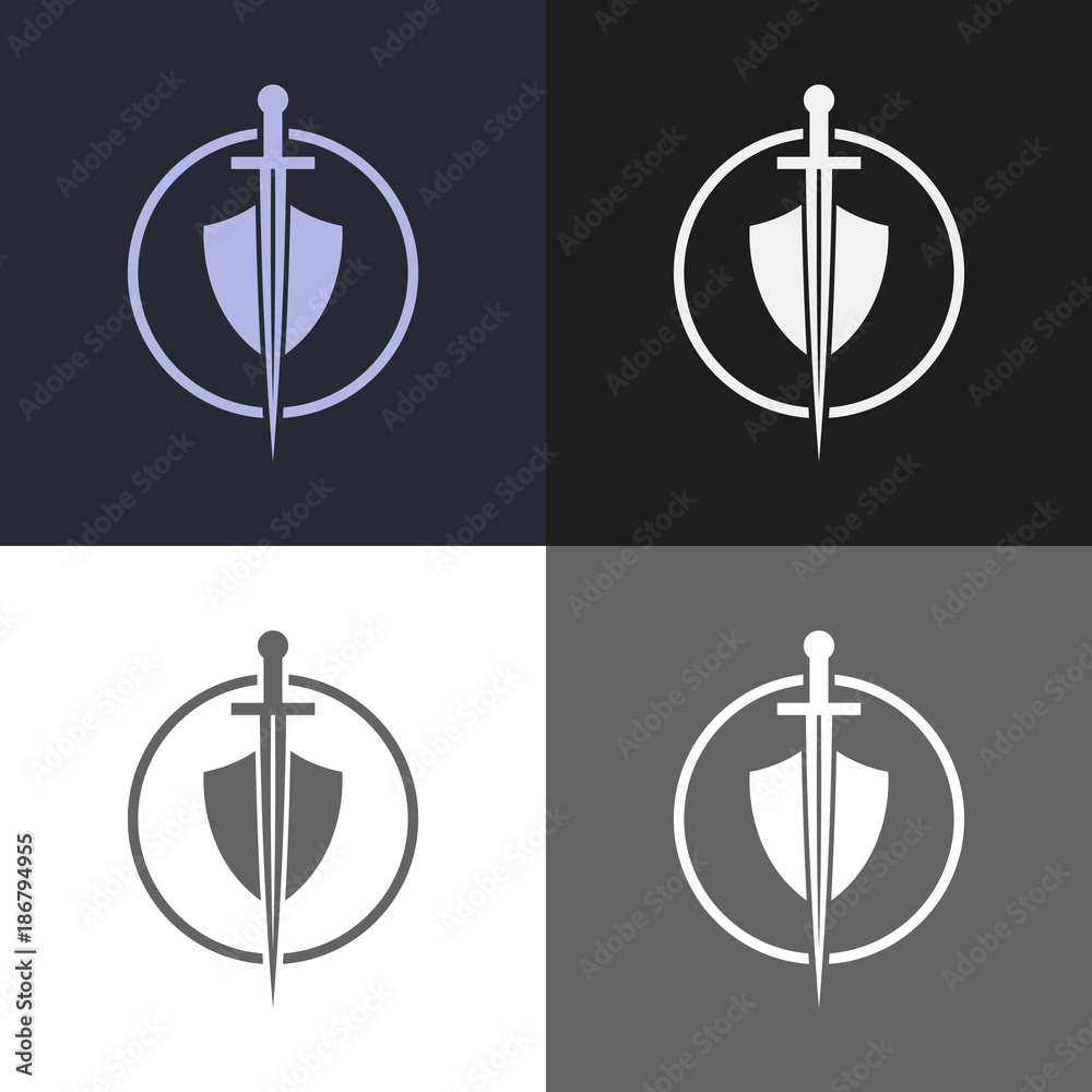 Shield and sword emblem. Defender logo template. Security sign. Shield and sword emblem. Defender logo template. Security sign.