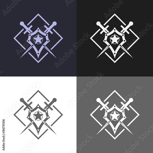 Shield and sword emblem. Defender logo template. Security sign.