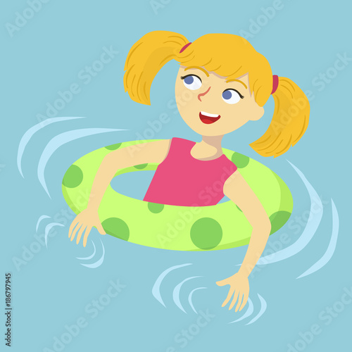 A cute little girl swim by holding on float in swimming pool.