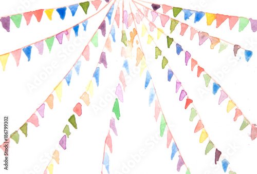 Colorful bunting flags on white background, watercolor hand painted on paper