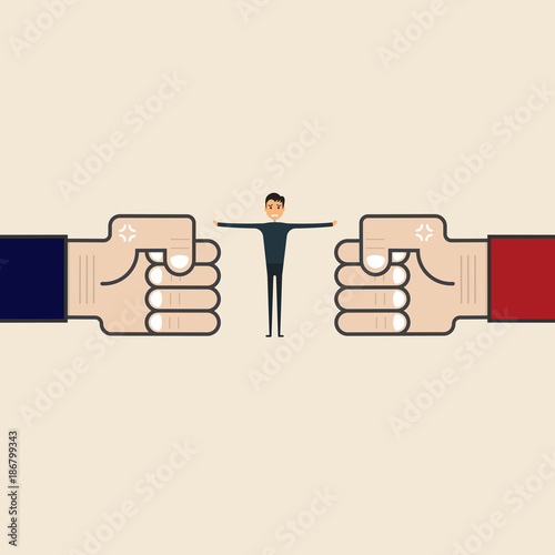 Competition,Mediation or Referee concept.Businessman and blue,red corner sign.Mediator assists disputing parties.Resolving conflict or dispute resolution.Referee between two businessmen.