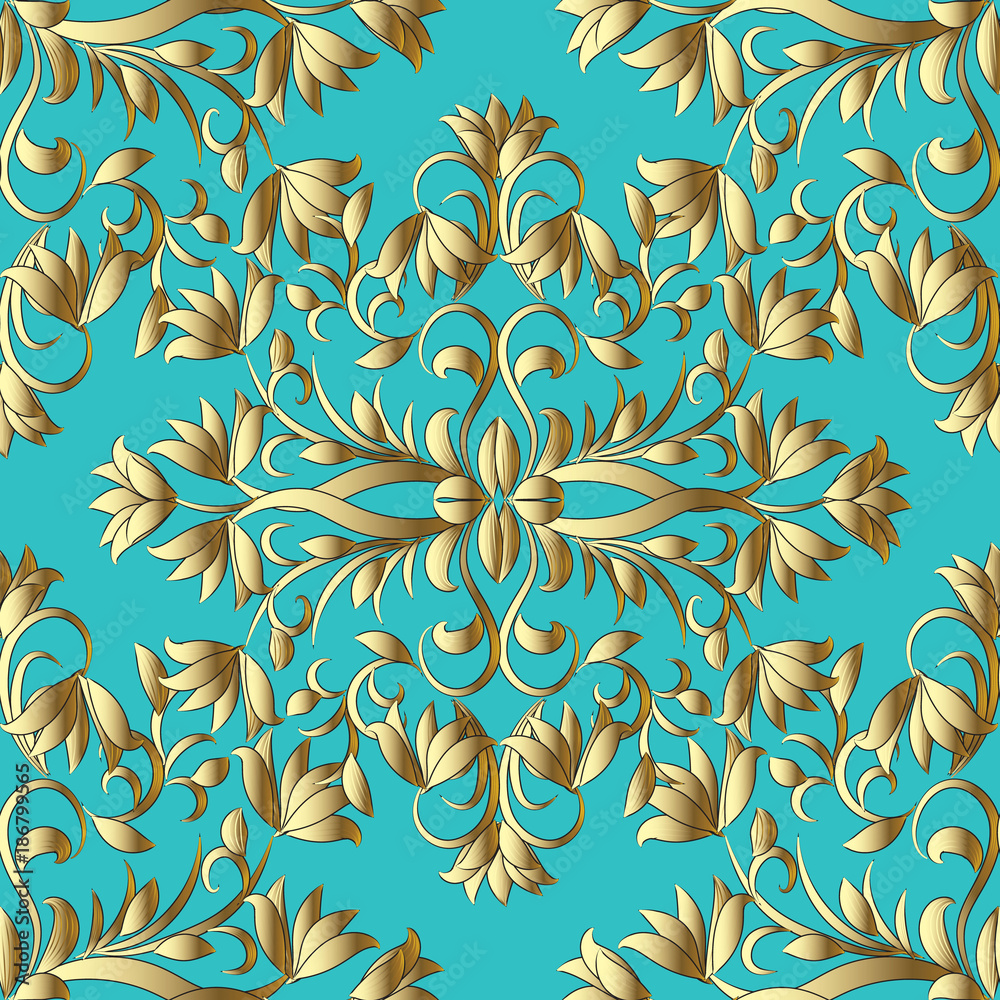 Floral Gold Hand Drawn Seamless Pattern Light Blue Turquoise Background Wallpaper With Gold 3d Line Art Tracery Paisley Flowers And Surface Swirl Ornaments Vector Elegance Texture Stock Vector Adobe Stock