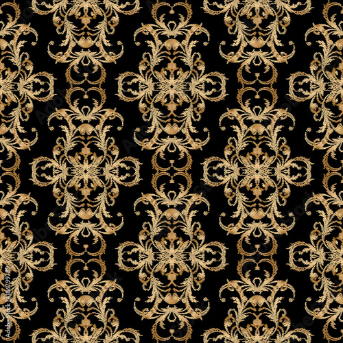 Baroque vector embroidery seamless pattern. Black ornate grunge background with gold 3d flowers, scroll leaves and floral antique tapestry damask ornaments. Luxury grunge arras vintage texture