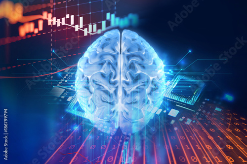 3d illustration of human brain on technology background.