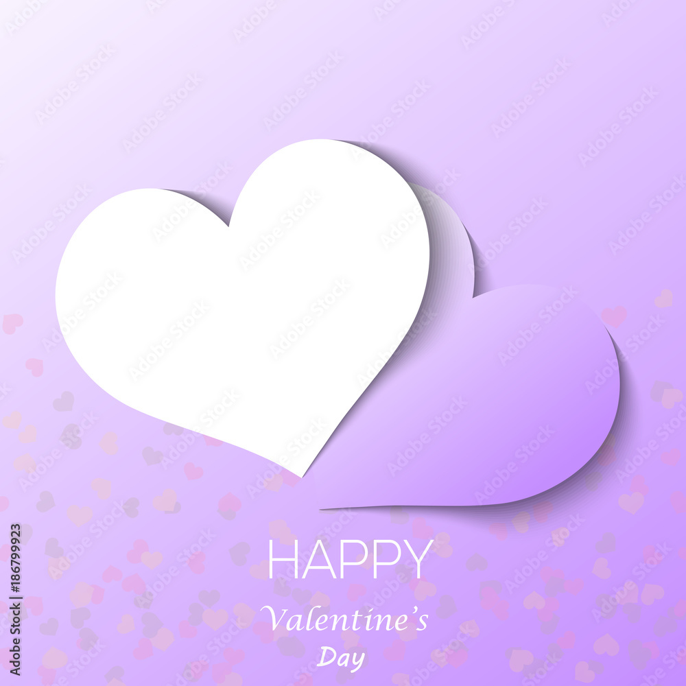 Valentine's day greeting card with two hearts on purple background. Vector