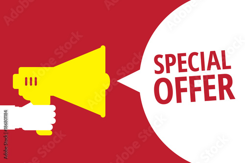 Quote Special offer. Hand holding megaphone with blank bubble speech. Loudspeaker. Template for digital marketing, promotion and advertising. Flat design vector illustration. © detakstudio