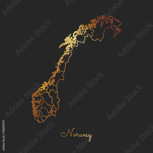 Norway region map: golden gradient outline on dark background. Detailed map of Norway regions. Vector illustration.