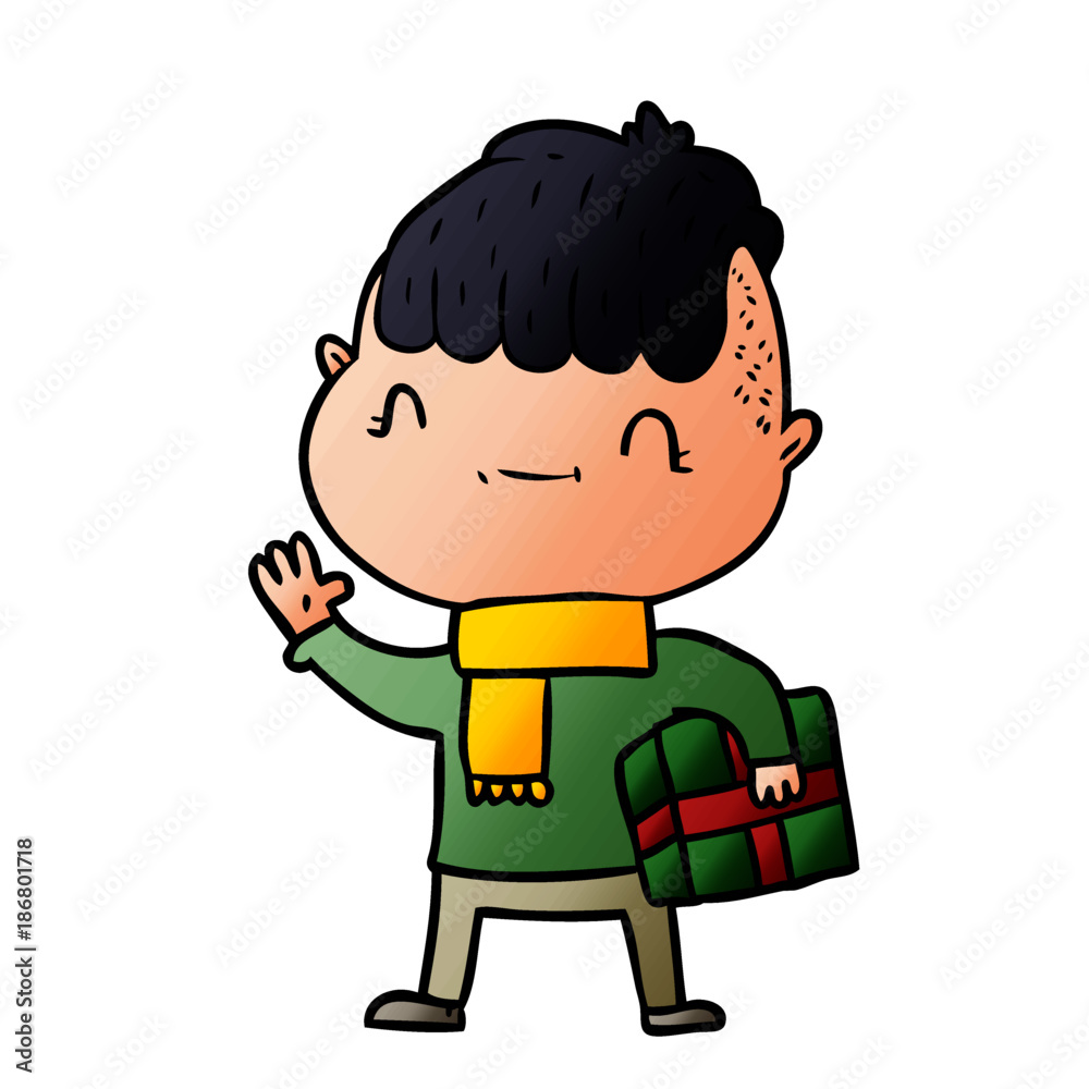 cartoon friendly boy with christmas present cartoon friendly boy with christmas present