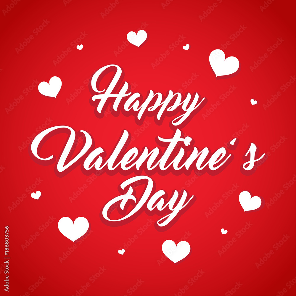 Happy Valentine's Day card vector illustration,  Hearts around text on red background.