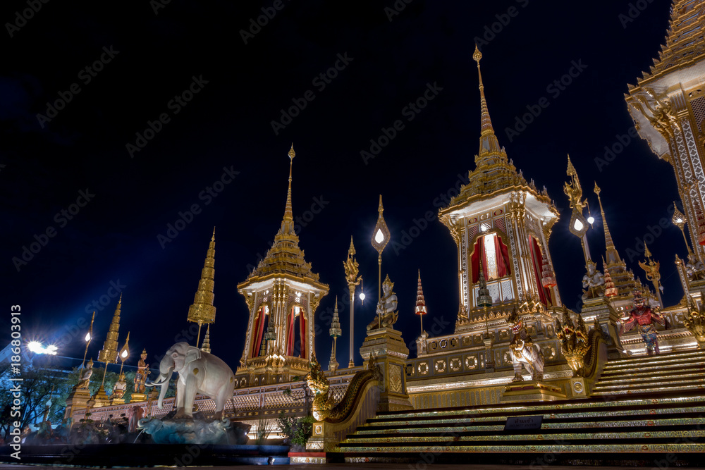 The Royal Crematorium for His Majesty the late King Bhumibol Adulyadej, at Sanam Luang at night
