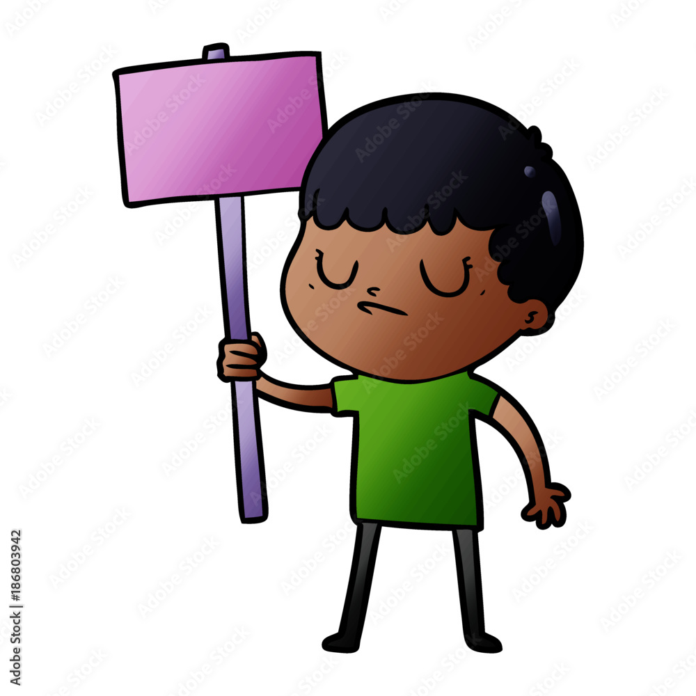 cartoon grumpy boy with placard cartoon grumpy boy with placard