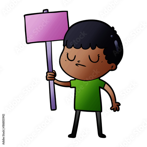 cartoon grumpy boy with placard