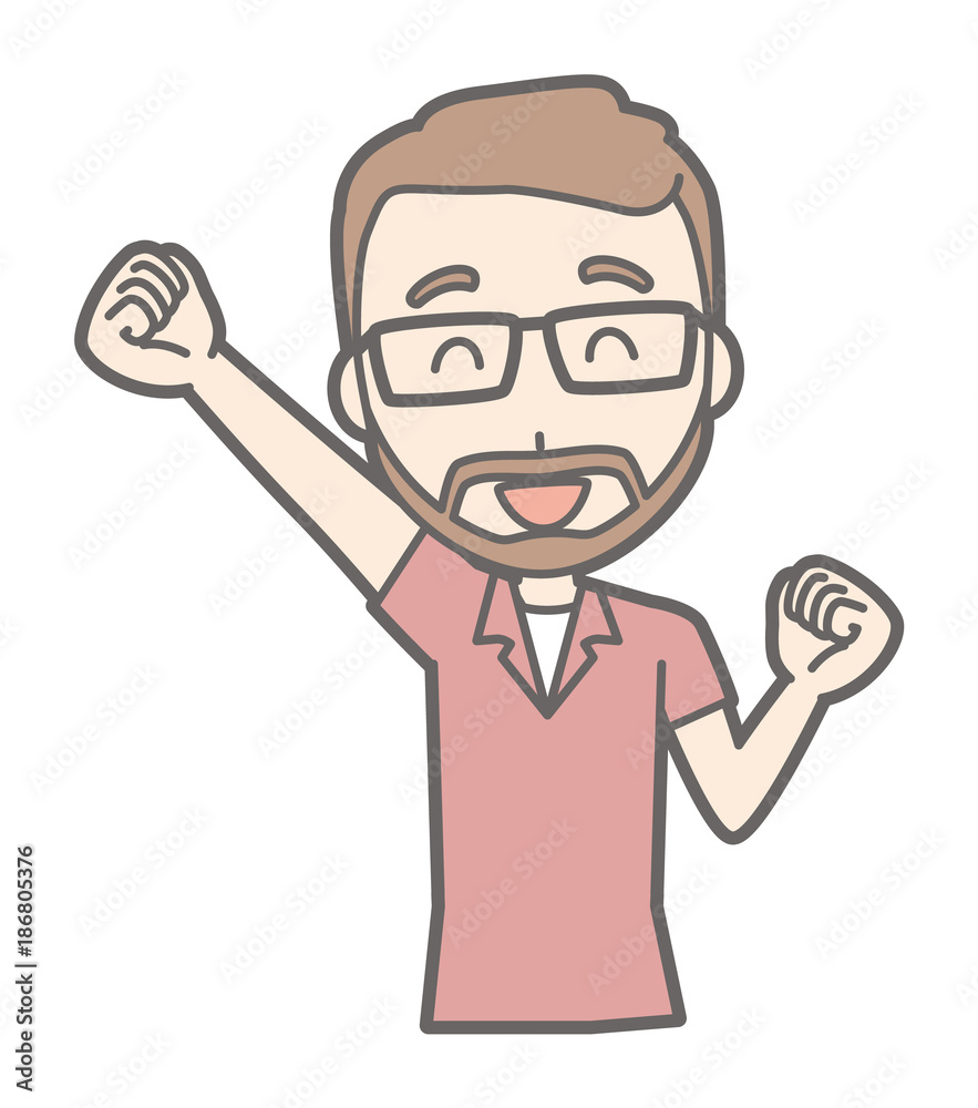 A man who wears glasses and has a beard raises his fist A man who wears glasses and has a beard raises his fist