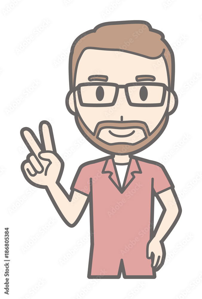 A man who wears eyeglasses and has a beard has a peace sign