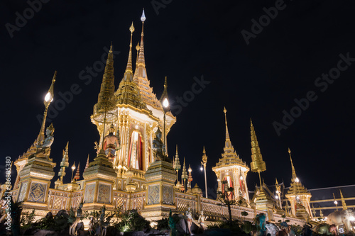 The Royal Crematorium for His Majesty the late King Bhumibol Adulyadej  at Sanam Luang at night
