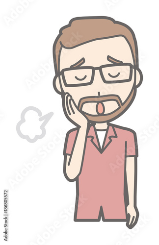 A man who is wearing eyeglasses and growing a beard is sighing