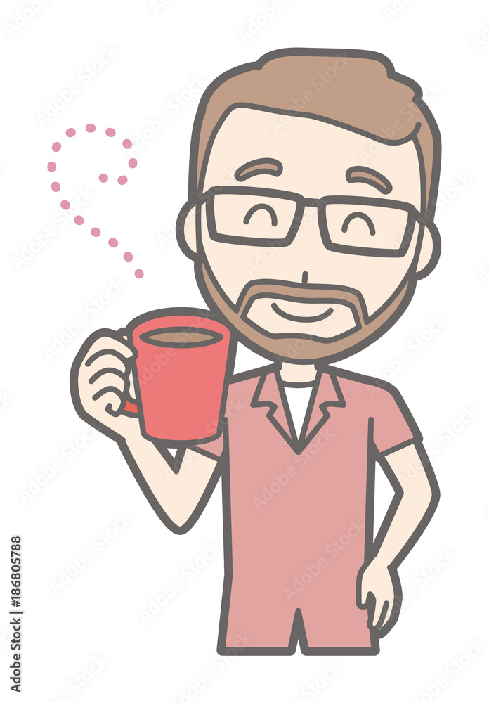 A man who wears glasses and has a beard is drinking coffee