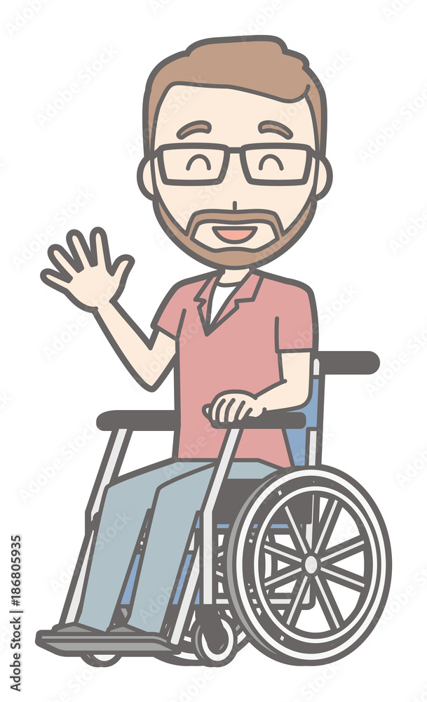 A man with a pair of glasses and a beard is sitting on a wheelchair with a smile.