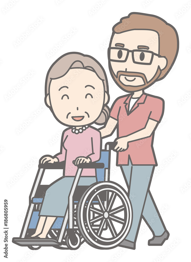 A man who has been wearing eyeglasses and has a beard is pushing a wheelchair and walking