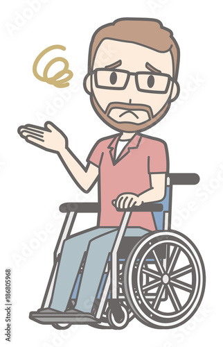 A man who wore glasses and had a mustache was having trouble sitting on a wheelchair