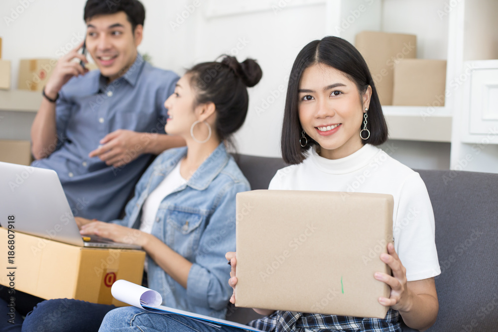 Group of Asian people working together for SME project. Young Owner people startup for Business Online, SME, Delivery Project. Online Business Concept. Group of Asian people working together for SME project. Young Owner people startup for Business Online, SME, Delivery Project. Online Business Concept.