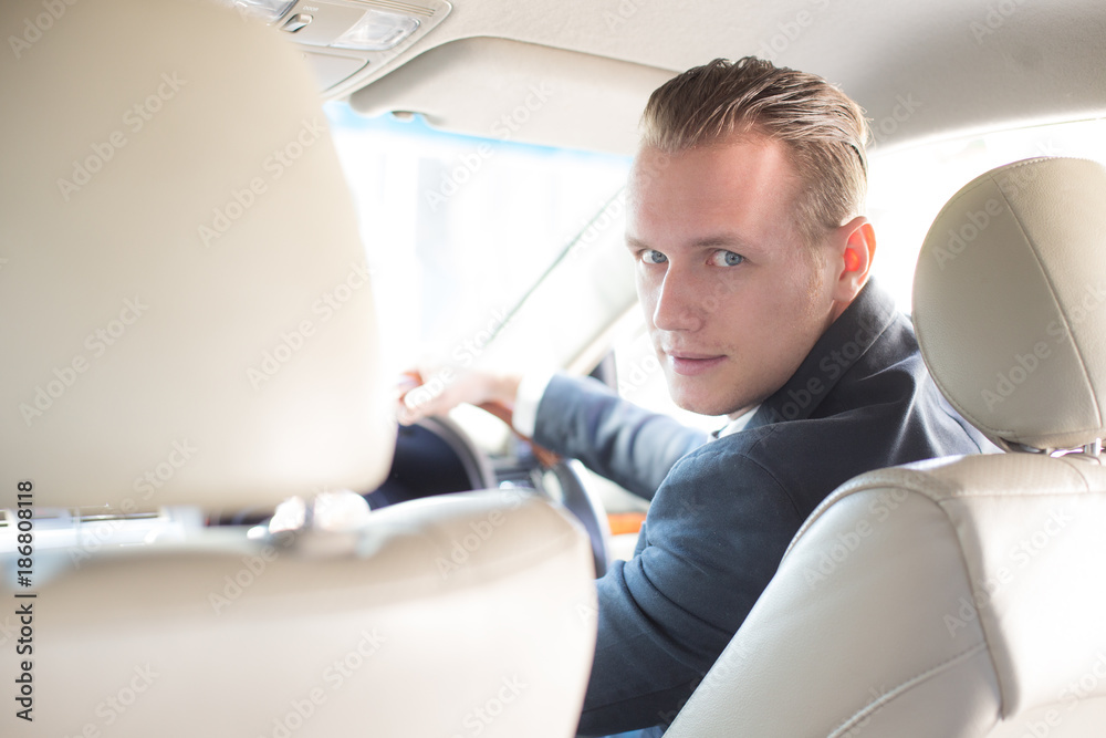 Businessman driving car. Man with transportation concapt. Man Driving car to go to Office.