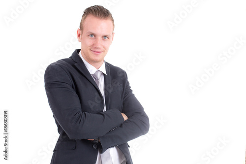 Businessman standing on white background with success feeling, Business success Concept, isolated on white background. © Bavorndej