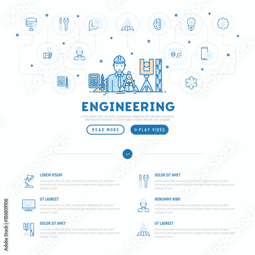 Engineer at work concept with thin line icons: electronics, calculations, tools, repair, idea, it server. Modern vector illustration, web page template.