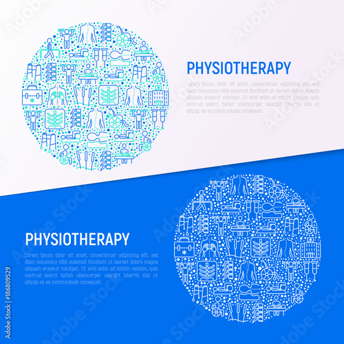 Physiotherapy concept in circle with thin line icons: rehabilitation, physiotherapist, acupuncture, massage, gymnastics, go-carts, crutches, wheelchair. Vector illustration, web page template.