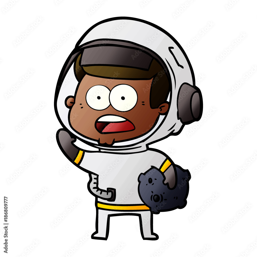 cartoon surprised astronaut holding moon rock