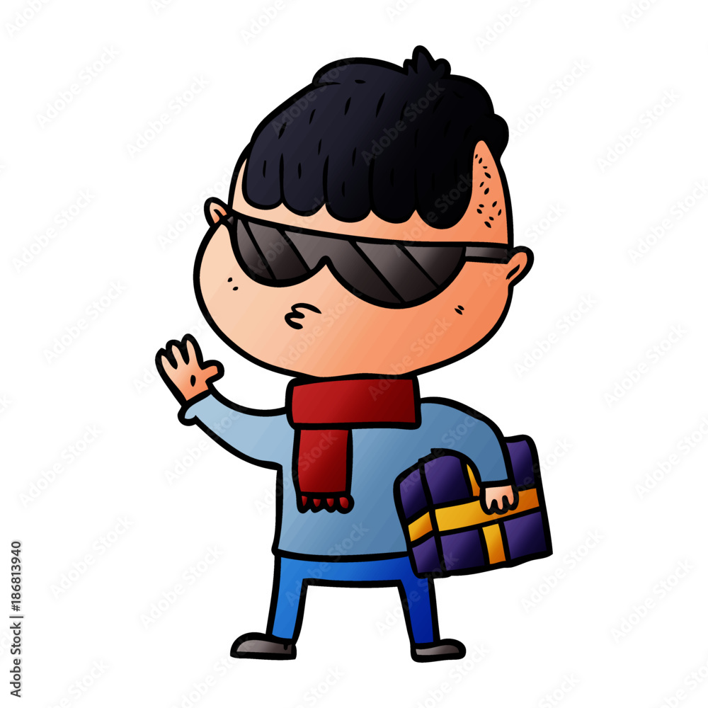 cartoon boy wearing sunglasses carrying xmas gift