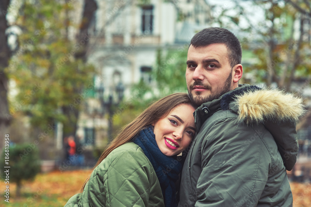 Young romantic couple in the city . A couple in love Young romantic couple in the city . A couple in love