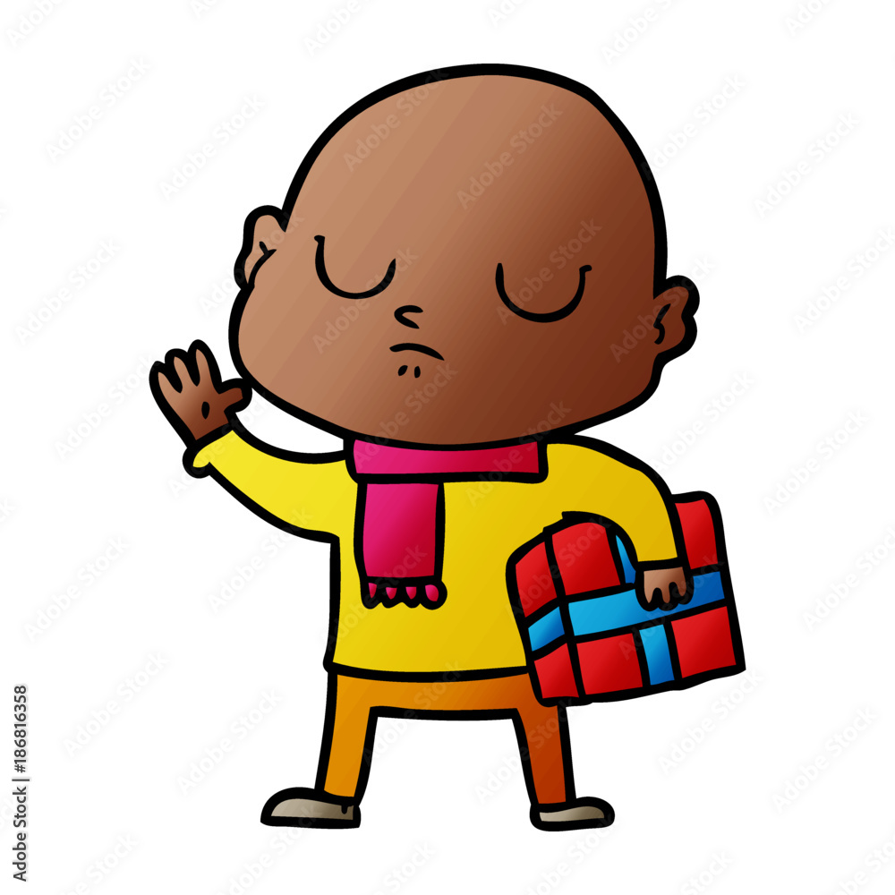 cartoon bald man with xmas gift cartoon bald man with xmas gift