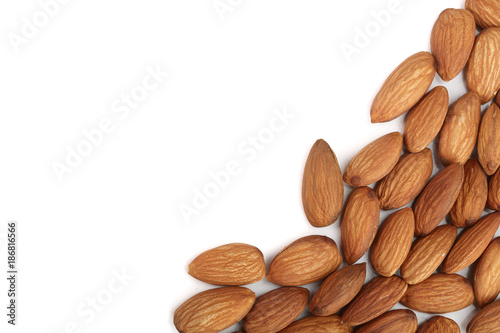 almonds isolated on white background with copy space for your text. Top view. Flat lay