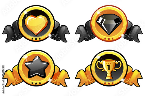 Collection cartoon icon design for game, UI, banner, design for app, interface, game development. Vector Golden and black star, heat, gift and diamond icons set