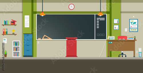 In the classroom there is a study table and a blackboard.