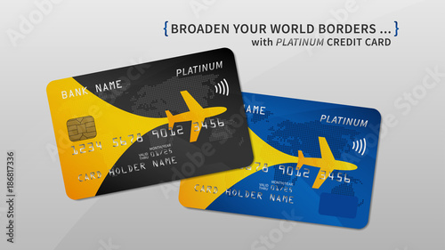 Air rewards bank card vector illustration. Bank credit (debit) card with air miles promotion creative concept. Plastic credit card with bonuses for frequent air travel graphic design.