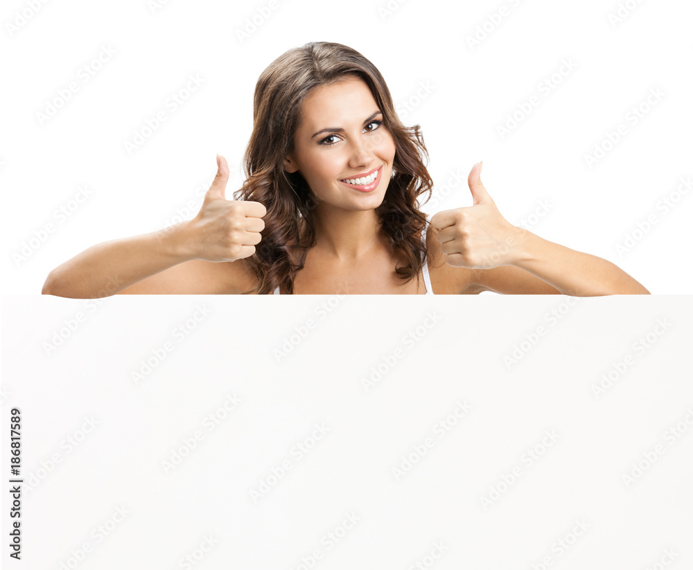Beautiful young woman with blank signboard Beautiful young woman with blank signboard