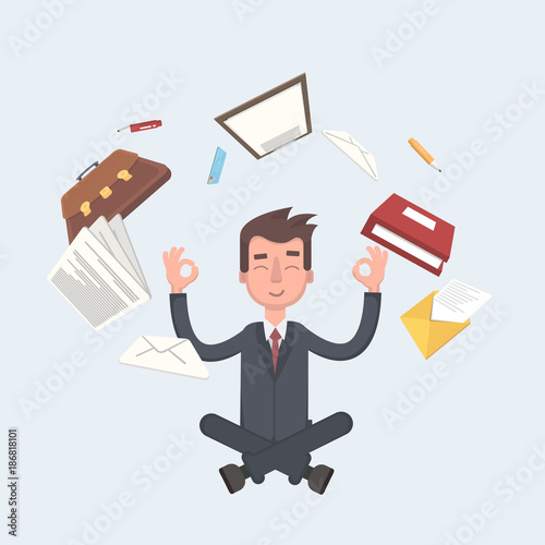 Business man sitting in lotus pose with flying around documents, flying around him.