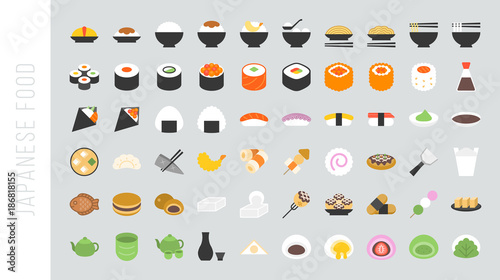 Big set of japanese food and beverage flat icon sushi, yakisoba, takoyaki, onigiri, green tea, sake, dorayaki, mochi, rice ball, miso soup, tofu, oden, dango, taiyaki, tempura, ramen, rice bowl, gyoza