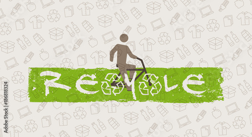 ReCycle vector illustration. Man with bicycle and recycle signs graphic design. Recyclable things (cardboard box, bottles, food, paper, packaging) line art pattern on the background.