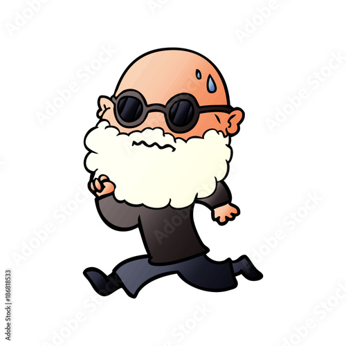 cartoon running man with beard and sunglasses sweating
