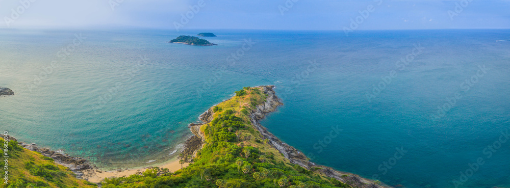 panorama at Laem Promthep Cape. The landmark and popular viewpoint of Phuket Thailand. in every day a lot of tourists come here to watching sunset.