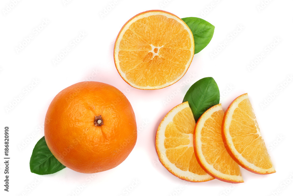 Orange with slice and leaf isolated on the white background. Flat lay pattern. Top view Orange with slice and leaf isolated on the white background. Flat lay pattern. Top view