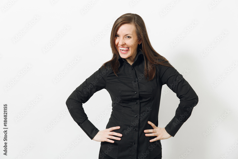 Beautiful fun happy caucasian young smiling brown-hair business woman in black classic shirt and skirt looking camera isolated on white background. Manager or worker. Copy space for advertisement. Beautiful fun happy caucasian young smiling brown-hair business woman in black classic shirt and skirt looking camera isolated on white background. Manager or worker. Copy space for advertisement.