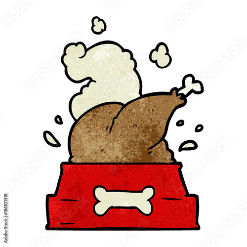 cartoon whole cooked turkey crammed into a dog bowl for a happy christmas pup