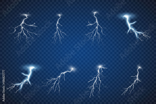 Set of lightnings. Thunder-storm and lightnings. Magic and bright lighting effects.
