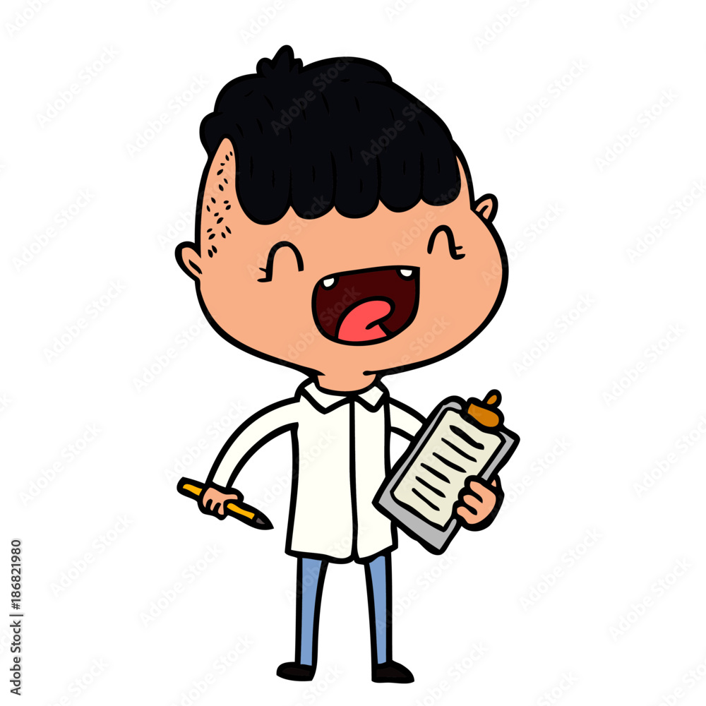 cartoon happy boy with clip board laughing cartoon happy boy with clip board laughing