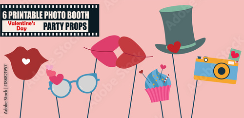 Happy Valentines day photo booth props icon set vector illustration